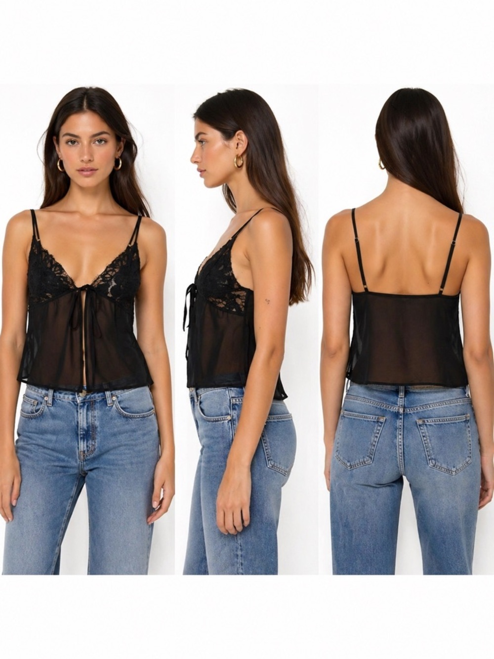 Revolve MAJORELLE NWT Black Lace Tie Front Lingerie Dainty Sheer Tank Top